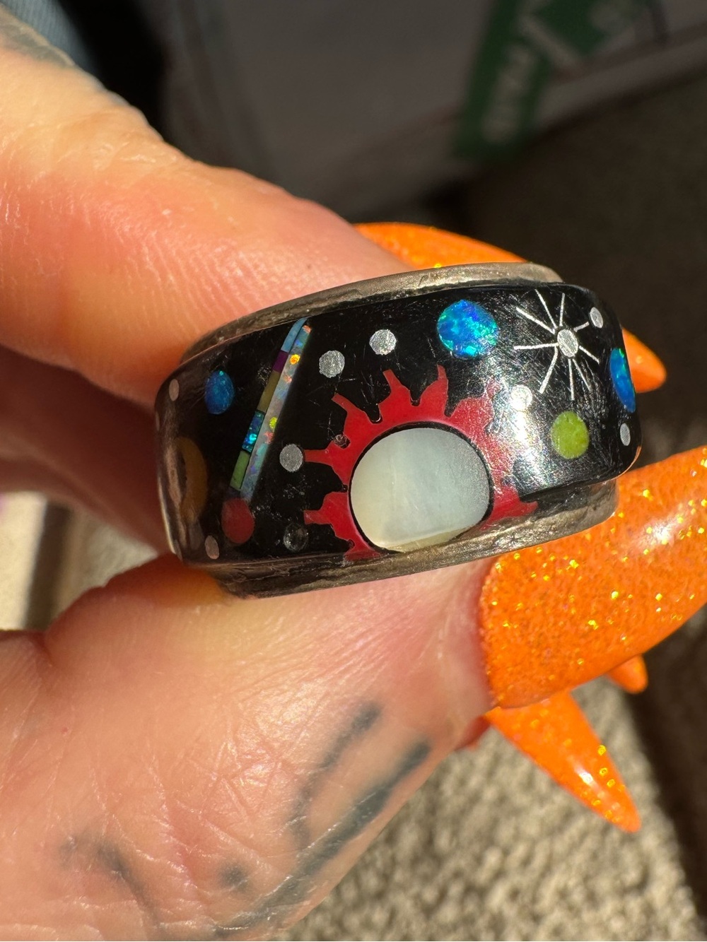 Vintage Sterling Silver Zuni Inlay Celestial Statement Ring size 6.5